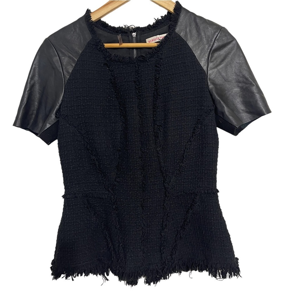 Rebecca Taylor Leather Sleeve Peplum Tweed Top Black Size 4